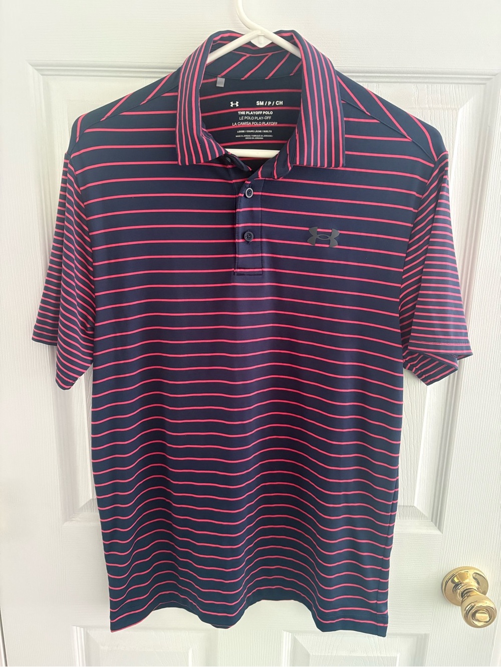Under Armour Men’s Navy and Pink Striped Polo